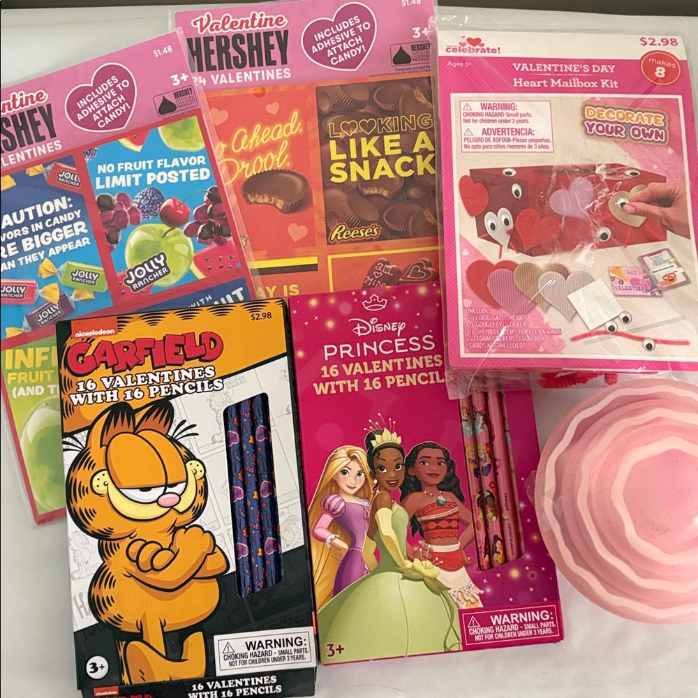 Kids Valentine’s Day bundle CARDS DIY MAILBOX cupcake socks Disney Garfield